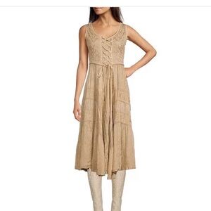 Sleeveless Lace-Up Embroidered Floral Jacquard Tie Waist Midi Dress